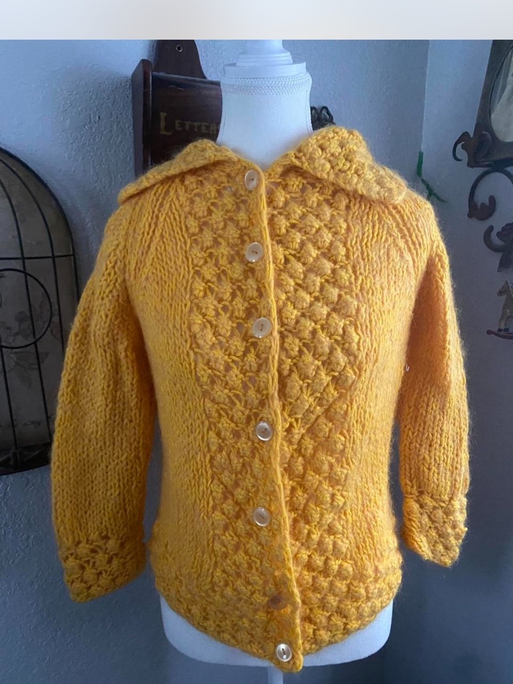 1950s carol brent Chunky Knit Yellow Cardigan Sweater